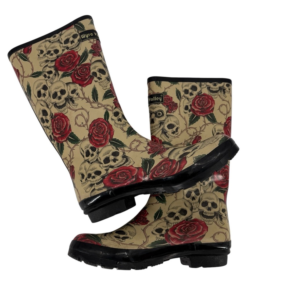 Wyre Valley Skull Rose Gothic Rain Boots Women's 8 Punk Alt Rubber - Picture 8 of 16